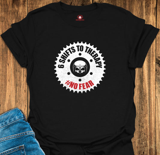 Black T-shirt with print of motorcycle sprocket.