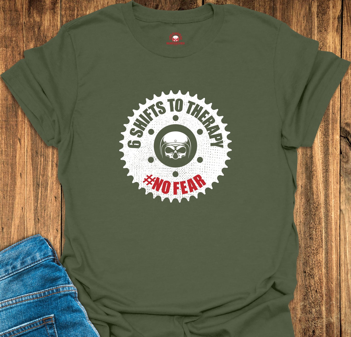 Military Green T-shirt with Motorcycle sprocket print