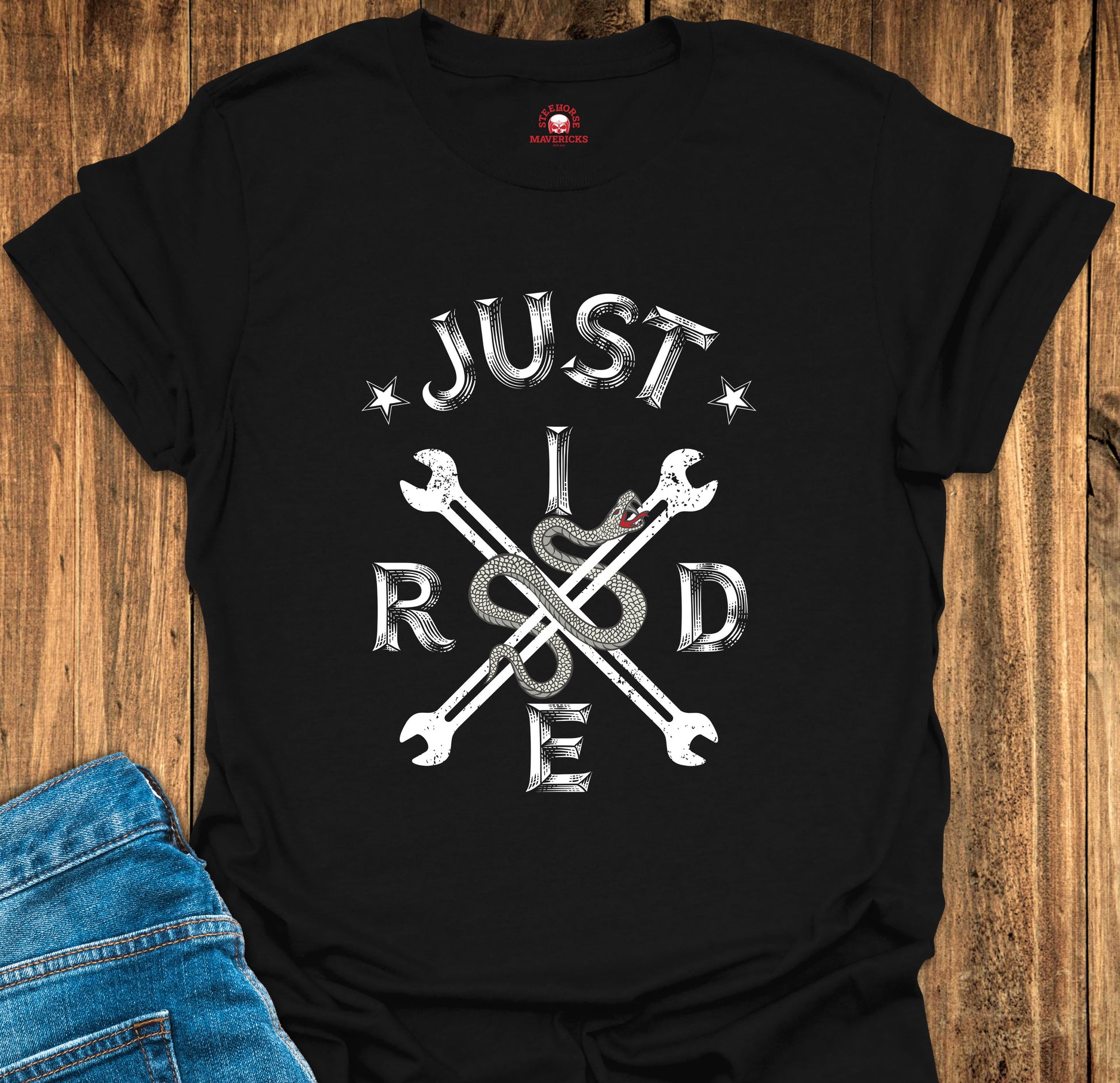 Black T-shirt with Just Ride Printed on the front