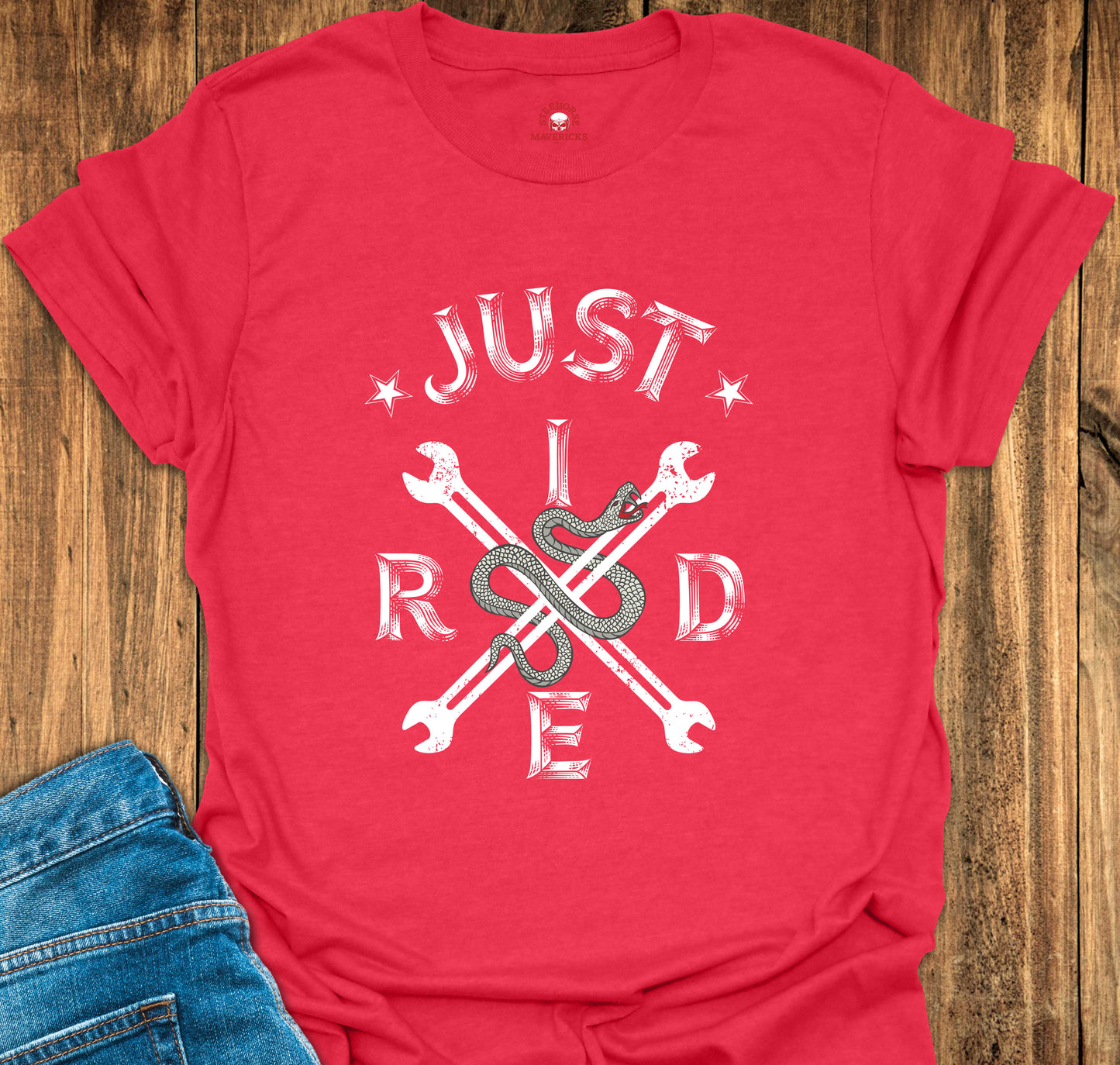 Red T-shirt with snake and wrenches printed on the front