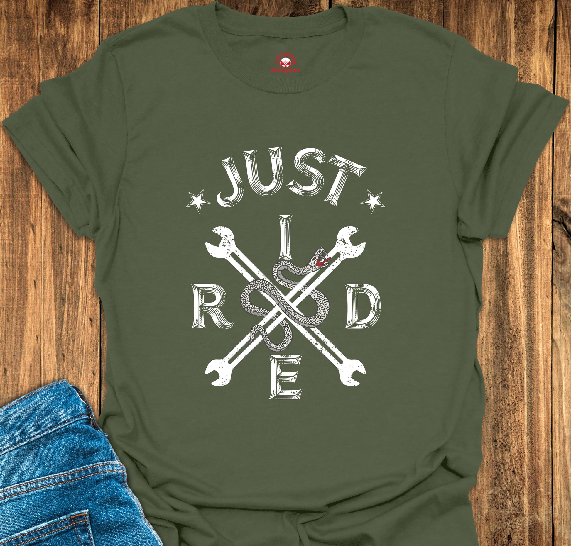 Green T-shirt with Just Ride Text Printed on the front