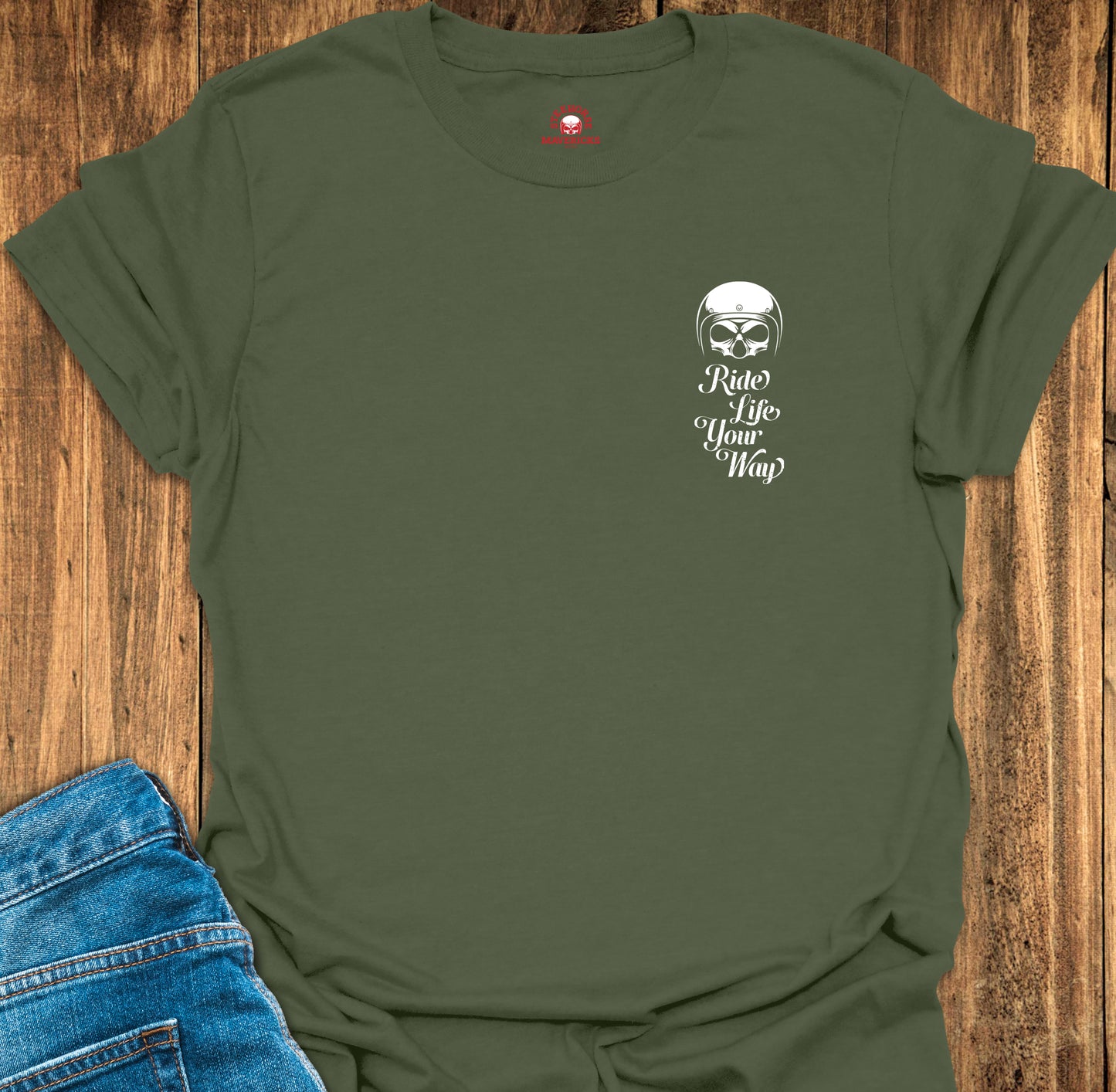 Military Green T-Shirt Front View with Jeans and skull print