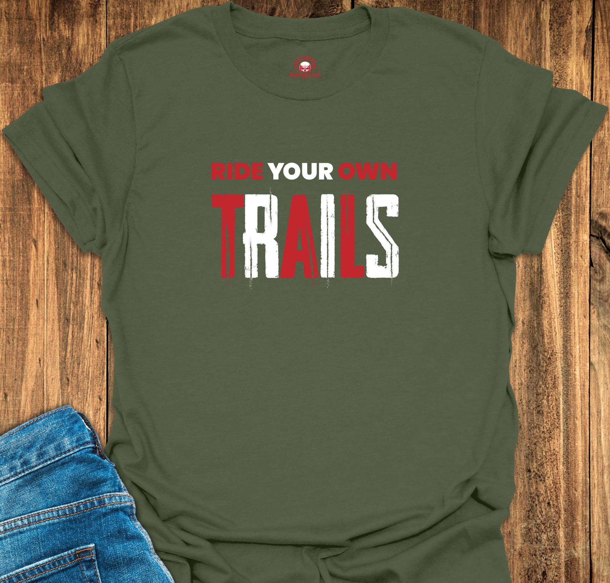 Military Green T-shirt with Ride Your Own Trails printed on the front