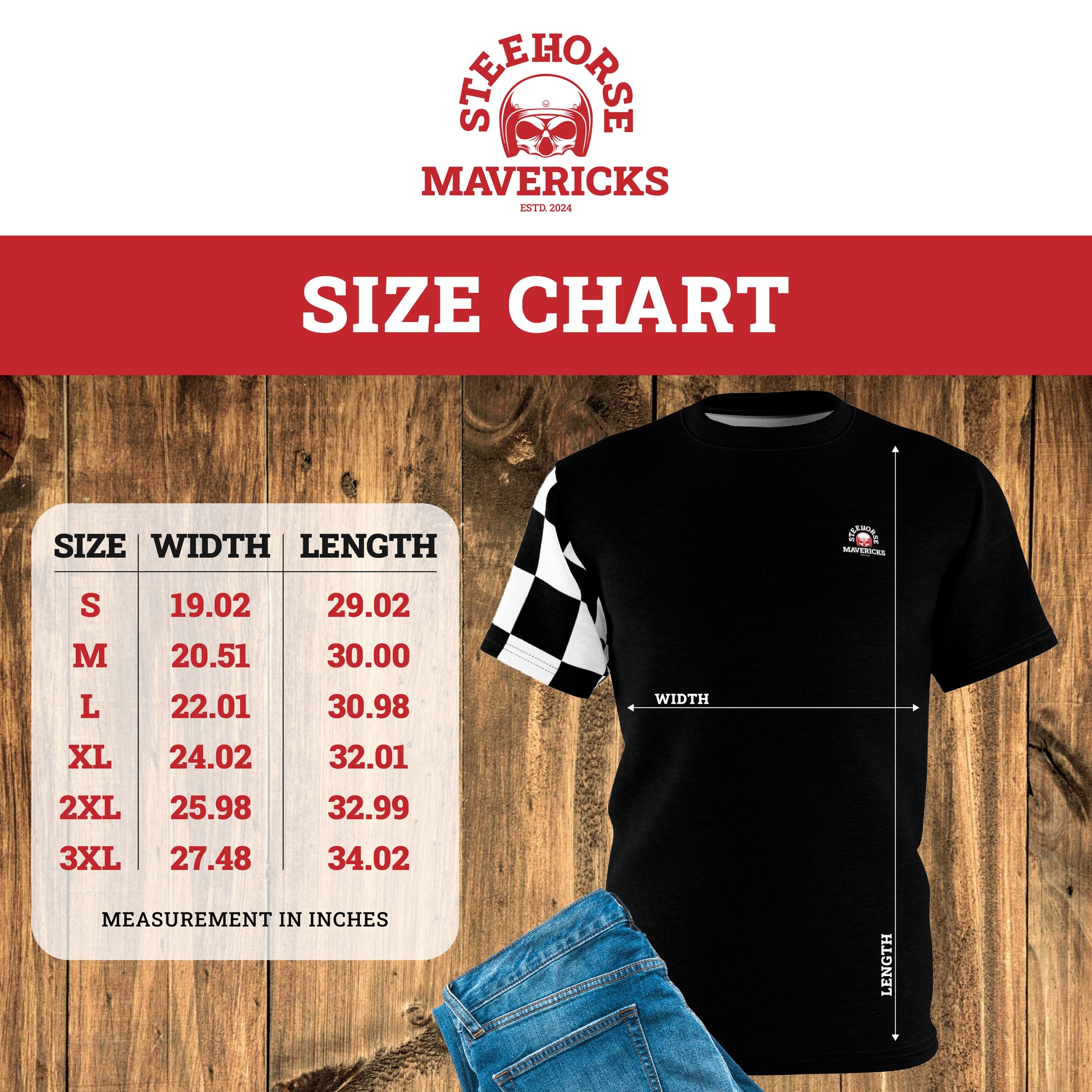 Size chart for T-shirt in inches