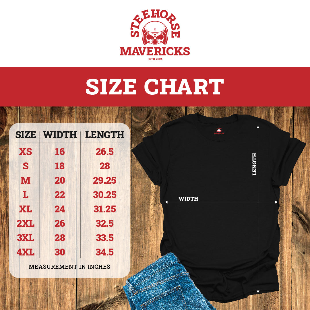 T-shirt size chart for steel horse mavericks