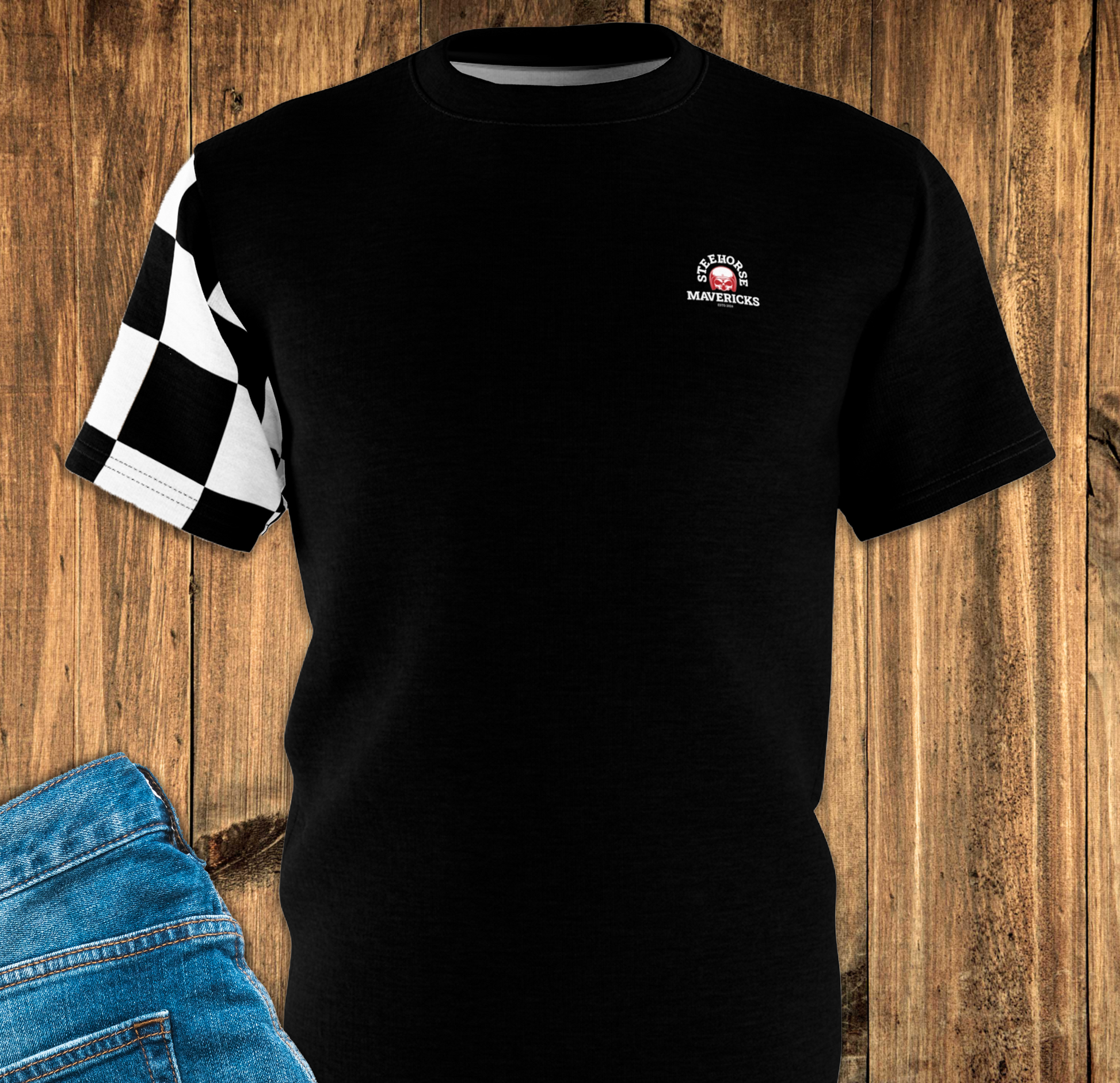 Black T-shirt front with chequered sleeve placed on wooden backgorund