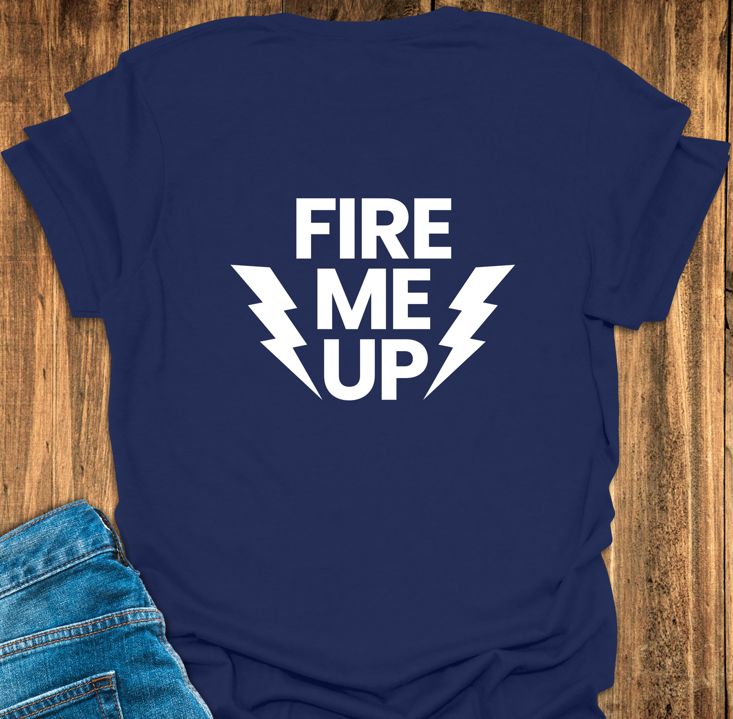 Navy Blue T-shirt Back View with Fire Me Up Printed with Lightening Strike