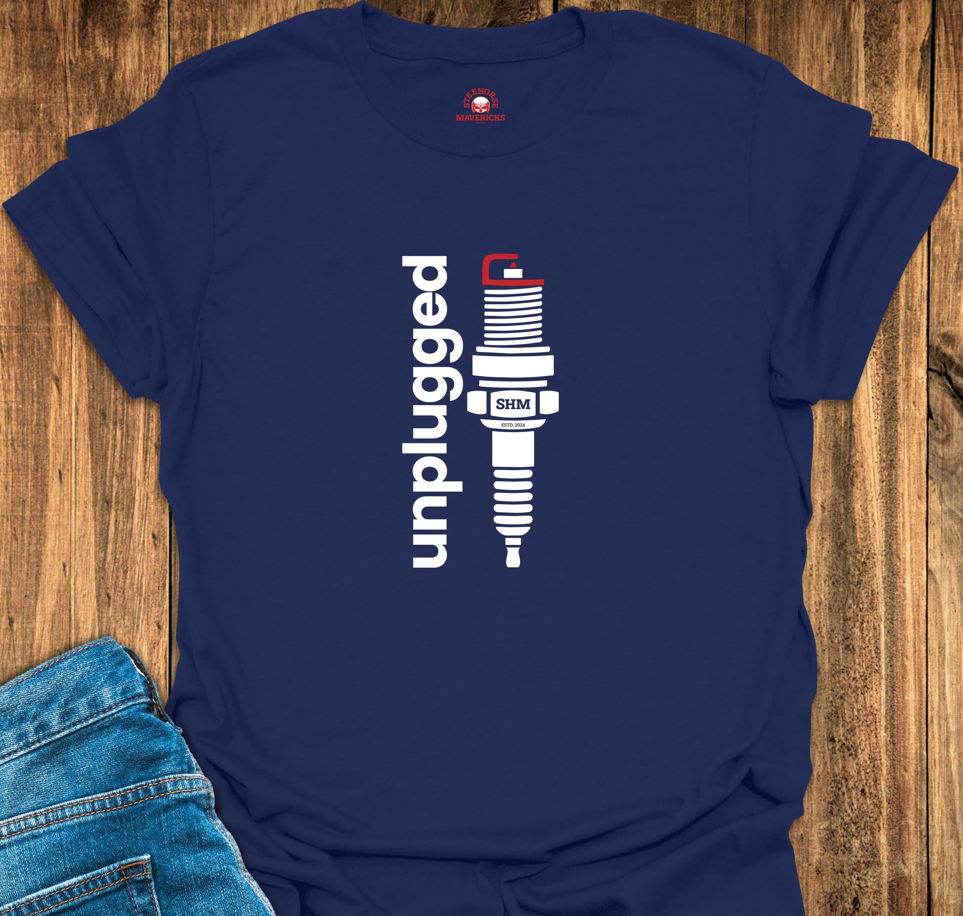 Navy Blue T-shirt Front with Sparkplug Print